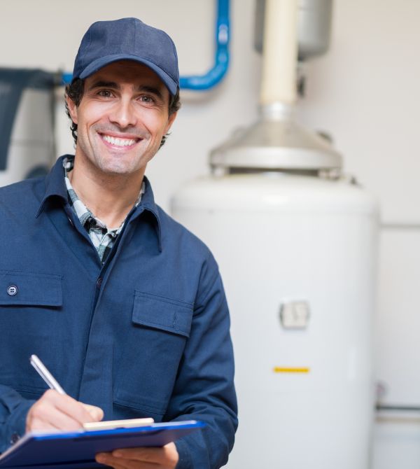 Plumber in front of hot water heater