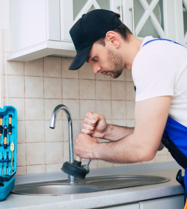 Man with plunger over kitchen sink